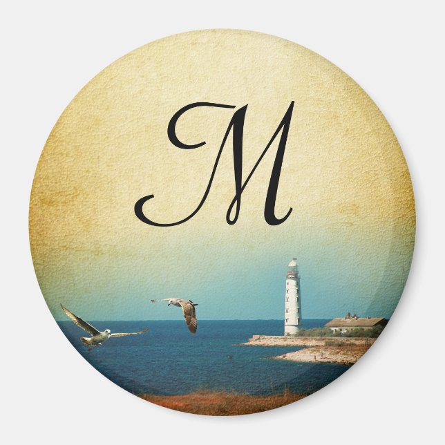 Lighthouse Beach Scene Monogram Initial Magnet (Vorne)