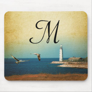 Lighthouse Beach Scene Monogram Initial Mouse Pad Mousepad