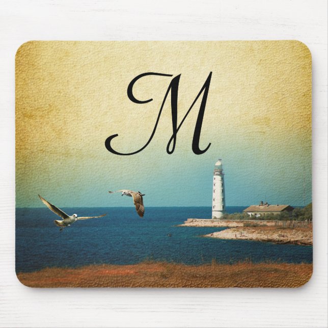 Lighthouse Beach Scene Monogram Initial Mouse Pad Mousepad (Vorne)