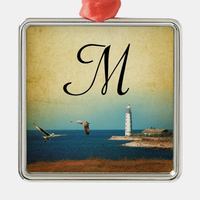 Lighthouse Beach Scene Monogram Initial Ornament (Vorne)