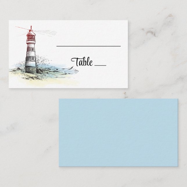 Lighthouse Beach Summer Blue Nautical Wedding Platzkarte (Vorne/Hinten)