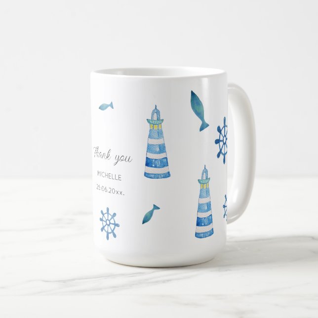 Lighthouse Beach Wasserfarbe Handgestrichen Kaffeetasse (VorderseiteRechts)