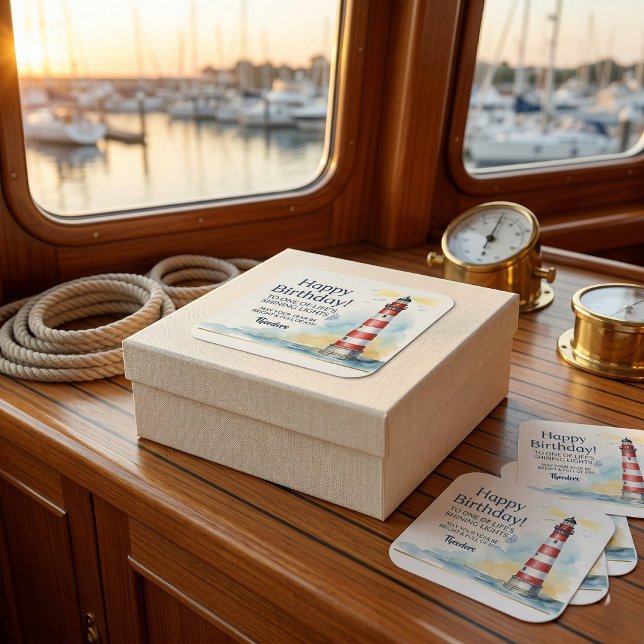 Lighthouse Birthday Shining Light Quadratischer Aufkleber (Seal it with coastal style)