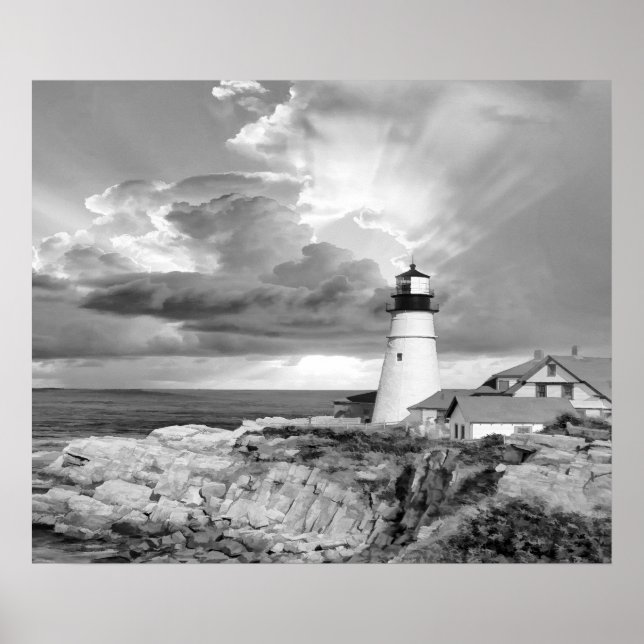 Lighthouse Grey Black White Clouds Seascape Ocean Poster (Vorne)