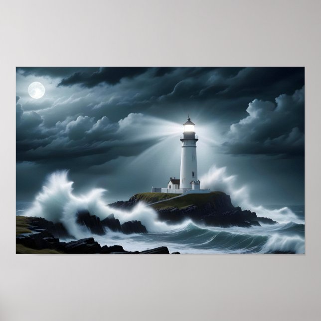 Lighthouse Landschaft Küste Ozean Waves Night Sea Poster (Vorne)