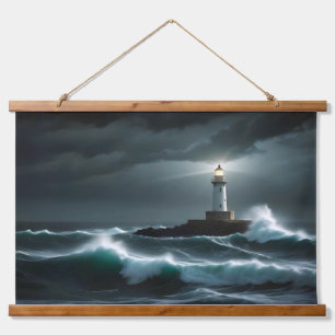 Lighthouse Landschaft Küste Ozean Waves Night Sea Wandteppich Mit Holzrahmen
