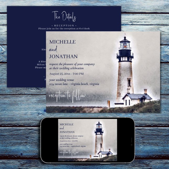 Lighthouse Nautical Beach All in One Wedding Einladung (Printed (Front and Back) and Digital - Lighthouse Nautical Beach All in One Wedding Invitation)