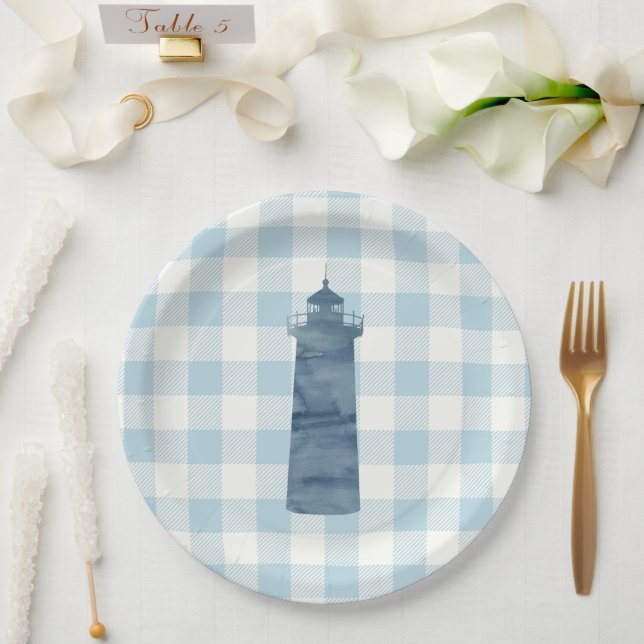 Lighthouse Nautical Blue Gingham Karo Pattern Pappteller (Hochzeit)