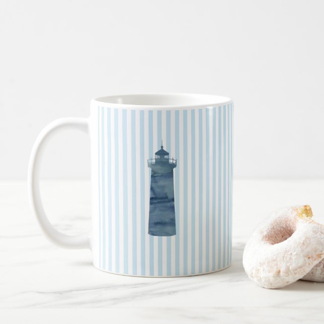 Lighthouse Nautical Painting Blue Strip Tasse (Mit Donut)