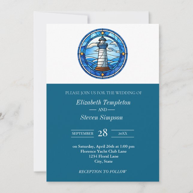 Lighthouse Nautical Wedding Maritime Moderne Einladung (Vorderseite)