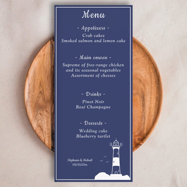 Lighthouse Navy Blue Wedding Menu Menükarte (Lighthouse Navy Blue Wedding Menu)
