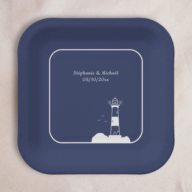 Lighthouse Navy Blue Wedding Pappteller (Lighthouse Navy Blue Wedding Paper Plates)