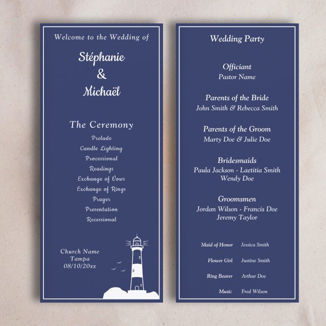 Lighthouse Navy Blue Wedding Program Menükarte (Lighthouse Navy Blue Wedding Ceremony Program)