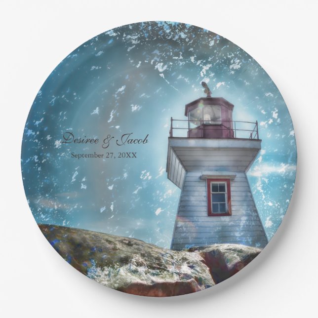 Lighthouse Ocean Blue Nautical Rustic Wedding Pappteller (Vorderseite)