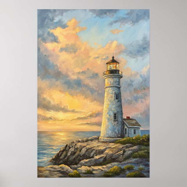 Lighthouse Rocky Coast Sunset. Poster (Vorne)