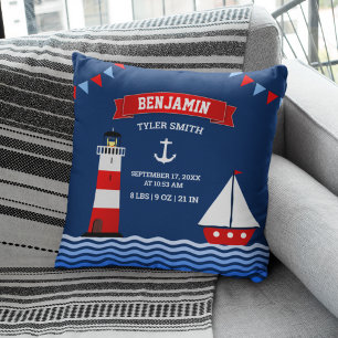 Lighthouse Sailboat Nautical Baby Boy Birth Stats Kissen