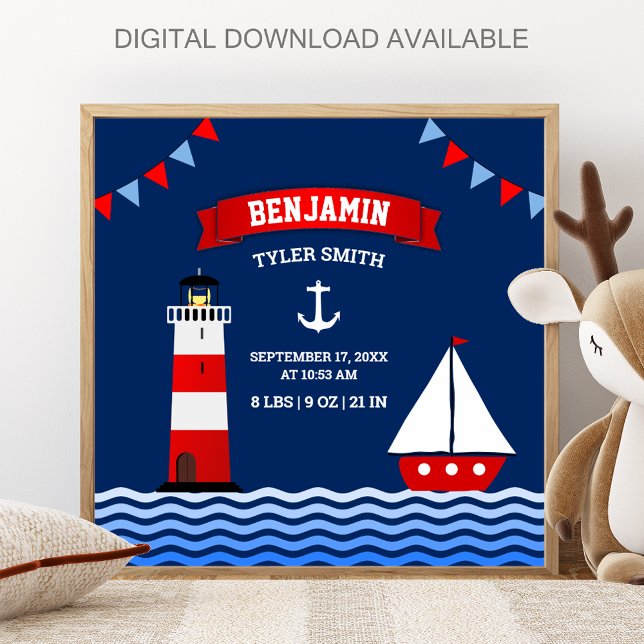 Lighthouse Sailboat Nautical Baby Boy Birth Stats Poster (Von Creator hochgeladen)