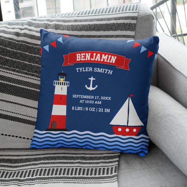 Lighthouse Sailboat Nautical Baby Boy Geburtsstate Kissen (Von Creator hochgeladen)