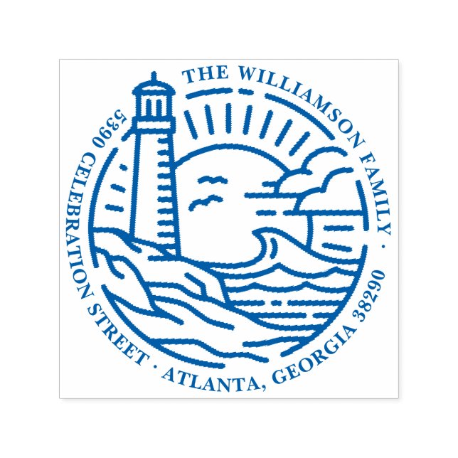 Lighthouse & Sea Round Family Name Rücksendeadress Permastempel (Design)