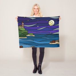Lighthouse Seashore Under Night Sky Moon Stars Fleecedecke