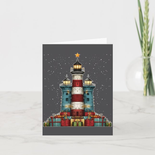 Lighthouse Seaside Christmas Tree Xmas Long Sleeve Karte (Vorderseite)
