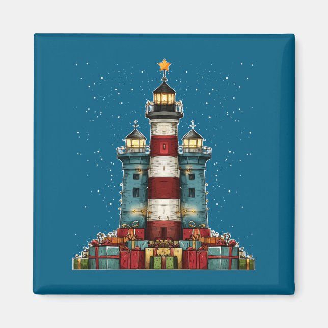 Lighthouse Seaside Christmas Tree Xmas Long Sleeve Magnet (Vorne)