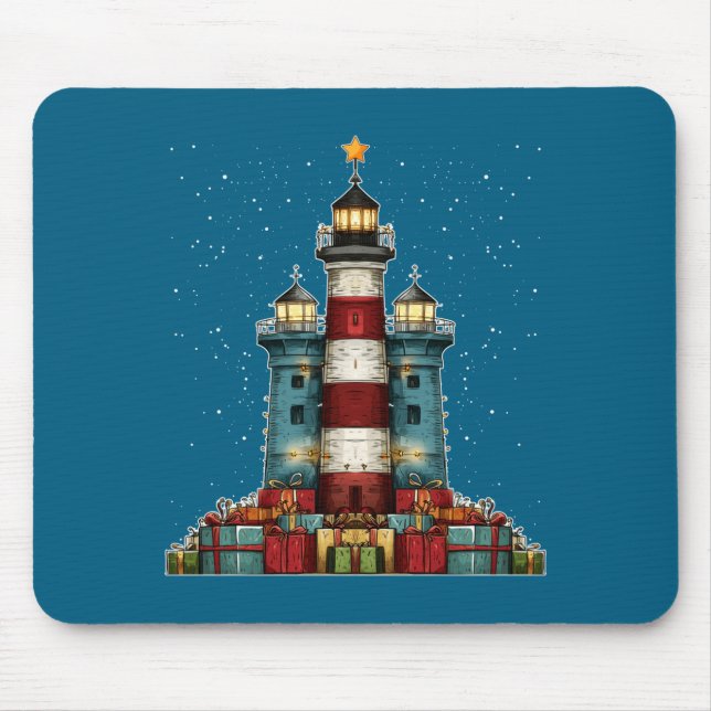 Lighthouse Seaside Christmas Tree Xmas Long Sleeve Mousepad (Vorne)