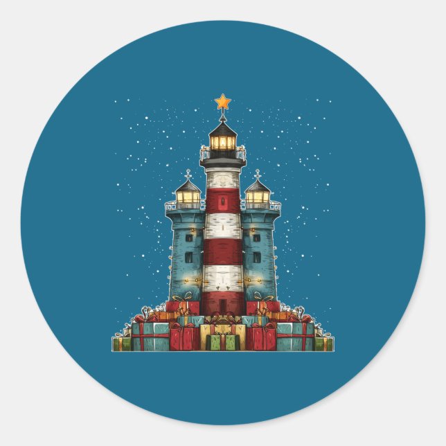 Lighthouse Seaside Christmas Tree Xmas Long Sleeve Runder Aufkleber (Vorderseite)