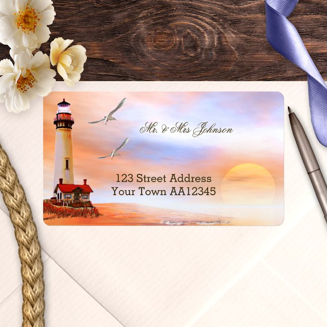 Lighthouse Sunset Address Label Adressaufkleber (Wedding address label with a painting of a lighthouse at sunset)