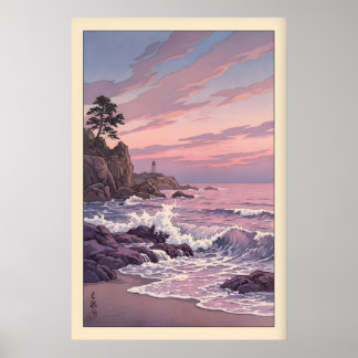 Lighthouse Sunset Print Muted Blue and Pink Poster
