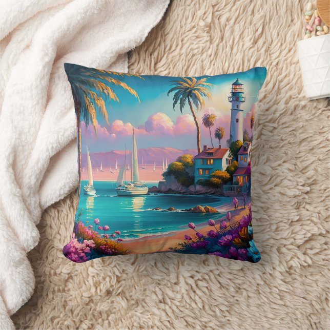 Lighthouse Tropical Island Palm Trees Boats Kissen (Decke)