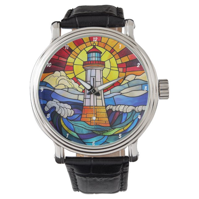 Lighthouse Waves Sunset Stained Glass Armbanduhr (Vorderseite)