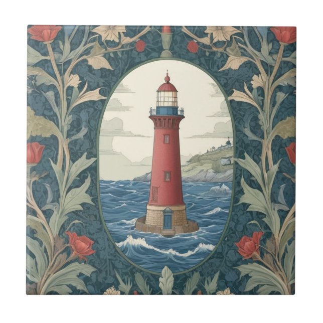 Lighthouse William Morris Stil Meer nautisch Fliese (Vorderseite)