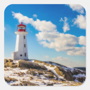 Lighthouse Winter In Peggy's Cove, Nova Scotia Quadratischer Aufkleber