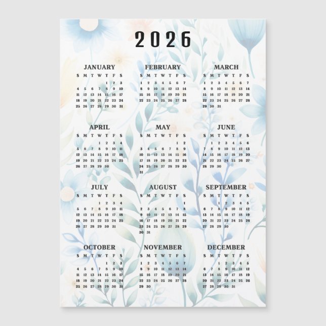 Lightly Floral Design 2026 Calendar Magnetic Card Magnetkarte (Vorderseite)