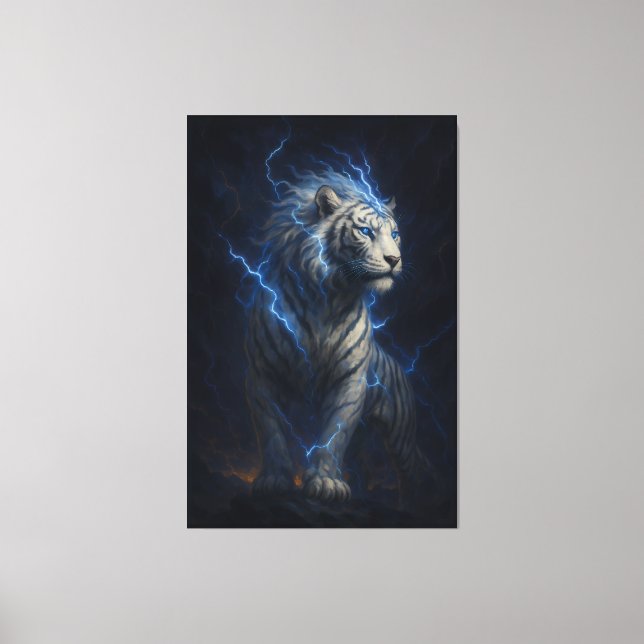 Lightning White Tiger – Electric Storm Fantasy Art Leinwanddruck (Vorderseite)