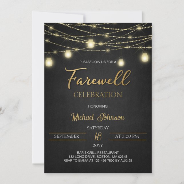 Lights and Gold Elegante Script Farewell Party Einladung (Vorderseite)