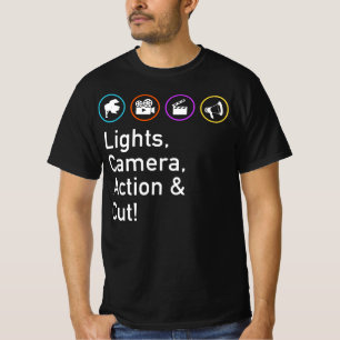 Lights Camera Action &amp; Cut Funny Film TV Crew T-Shirt