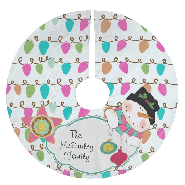 Lights Happy Snowman Custom Holiday Tree Skirt Polyester Weihnachtsbaumdecke (Vorderseite)