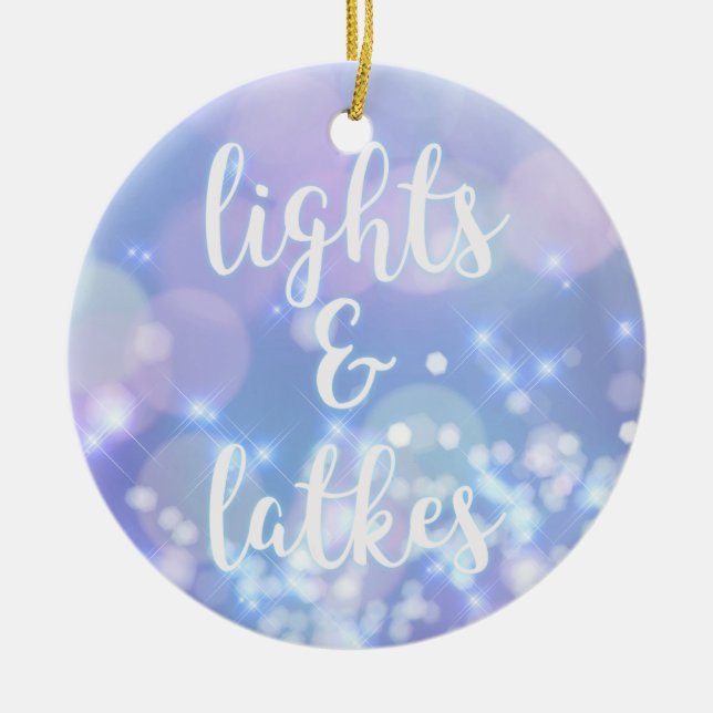 Lights & Latkes - Blauer Glitzern Happy Hanukkah Keramik Ornament (Vorne)