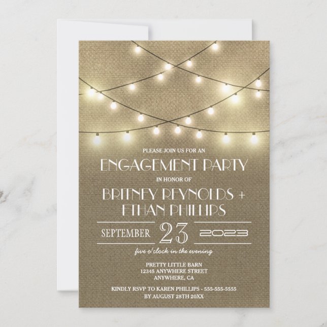 Lights+ Rustic Burlap Engagement Party Einladungen (Vorderseite)