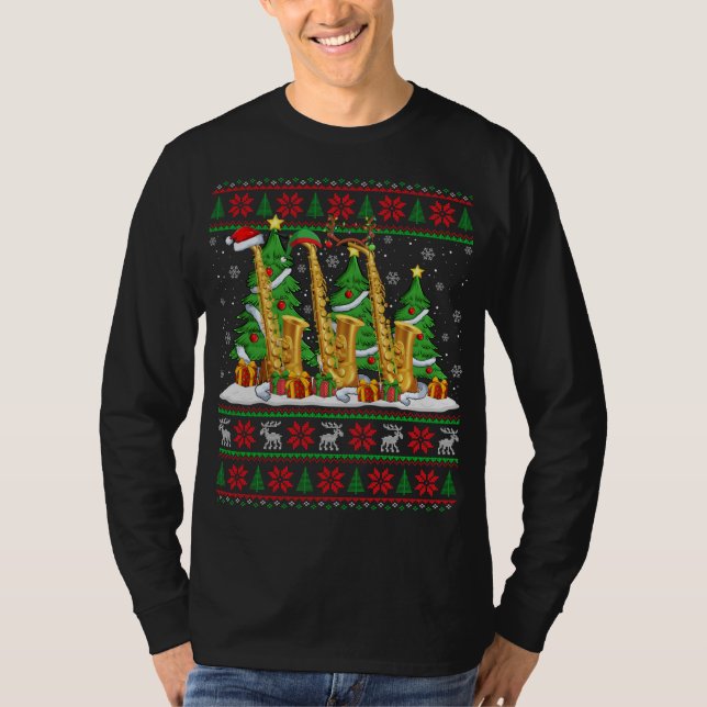 Lights Xmas Sweater Style Ugly Santa Saxophone Chr T-Shirt (Vorderseite)