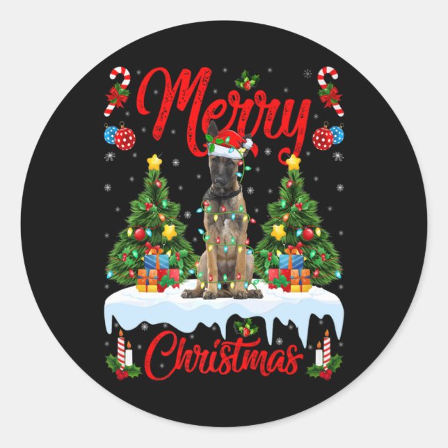 Lights Xmas Tree Santa Belgian Malinois Dog Christ Runder Aufkleber (Vorderseite)