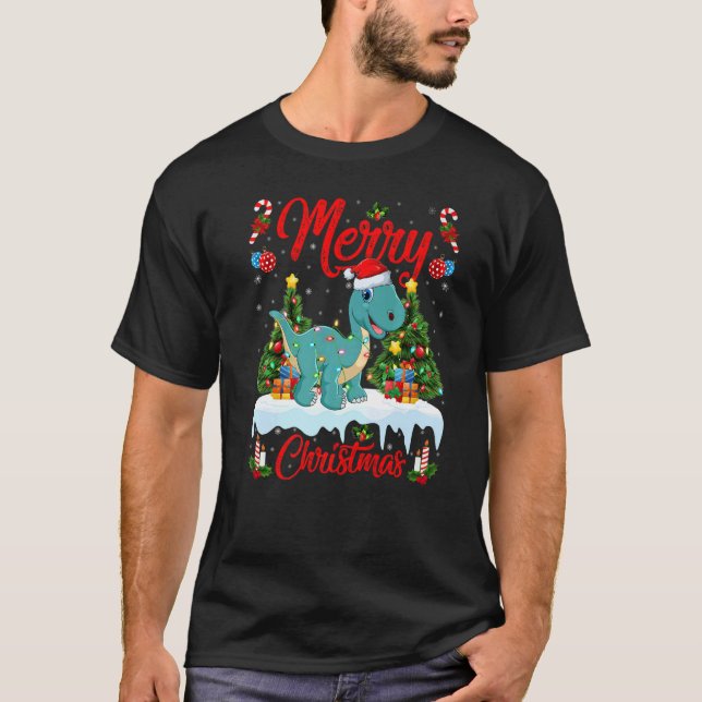 Lights Xmas Tree Santa Brontosaurus Dinosaur Chris T-Shirt (Vorderseite)