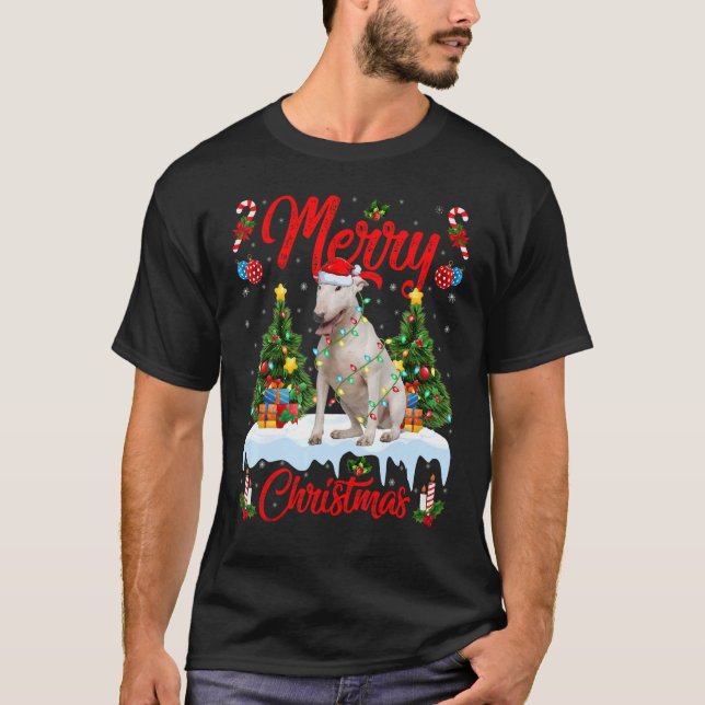Lights Xmas Tree Santa Bull Terrier Dog Weihnachte T-Shirt (Vorderseite)