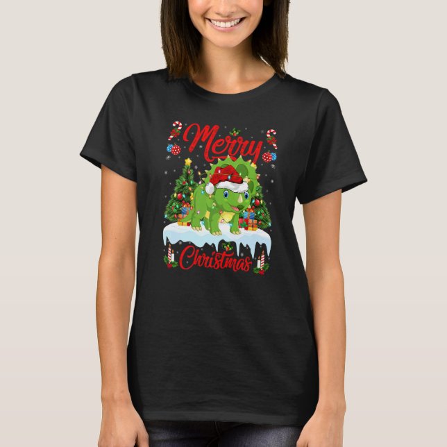 Lights Xmas Tree Santa Triceratops Dinosaur Christ T-Shirt (Vorderseite)