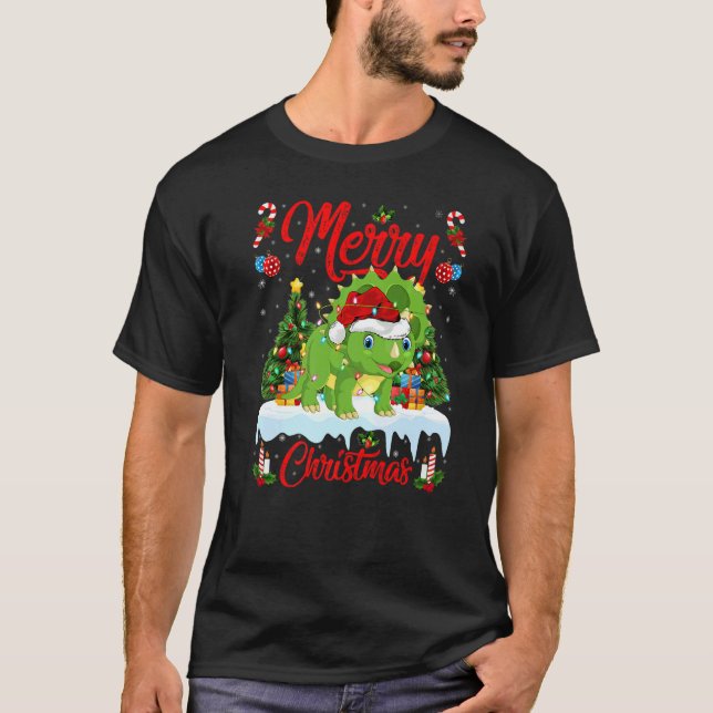 Lights Xmas Tree Santa Triceratops Dinosaur Christ T-Shirt (Vorderseite)