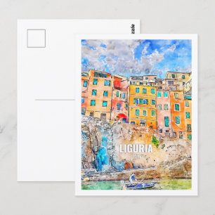 Ligurien Italien Berühmte Reise Wasserfarben-Skizz Postkarte