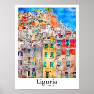 Ligurien Italien Reisen Wasserfarben Hand gezogen Poster