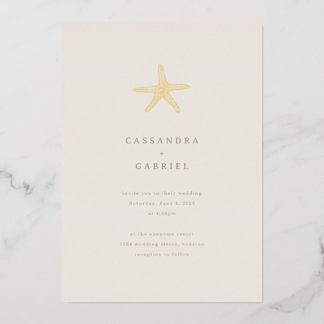 Lihue Wedding Gold Starfish Folieneinladung (Vorderseite)